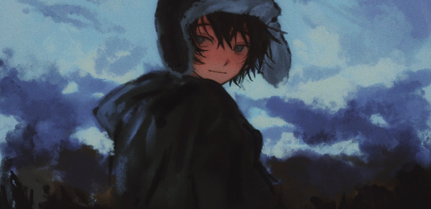 1boy, beanie, black_hair, black_jacket, blue_eyes, clouds, cloudy_sky, earflap_beanie