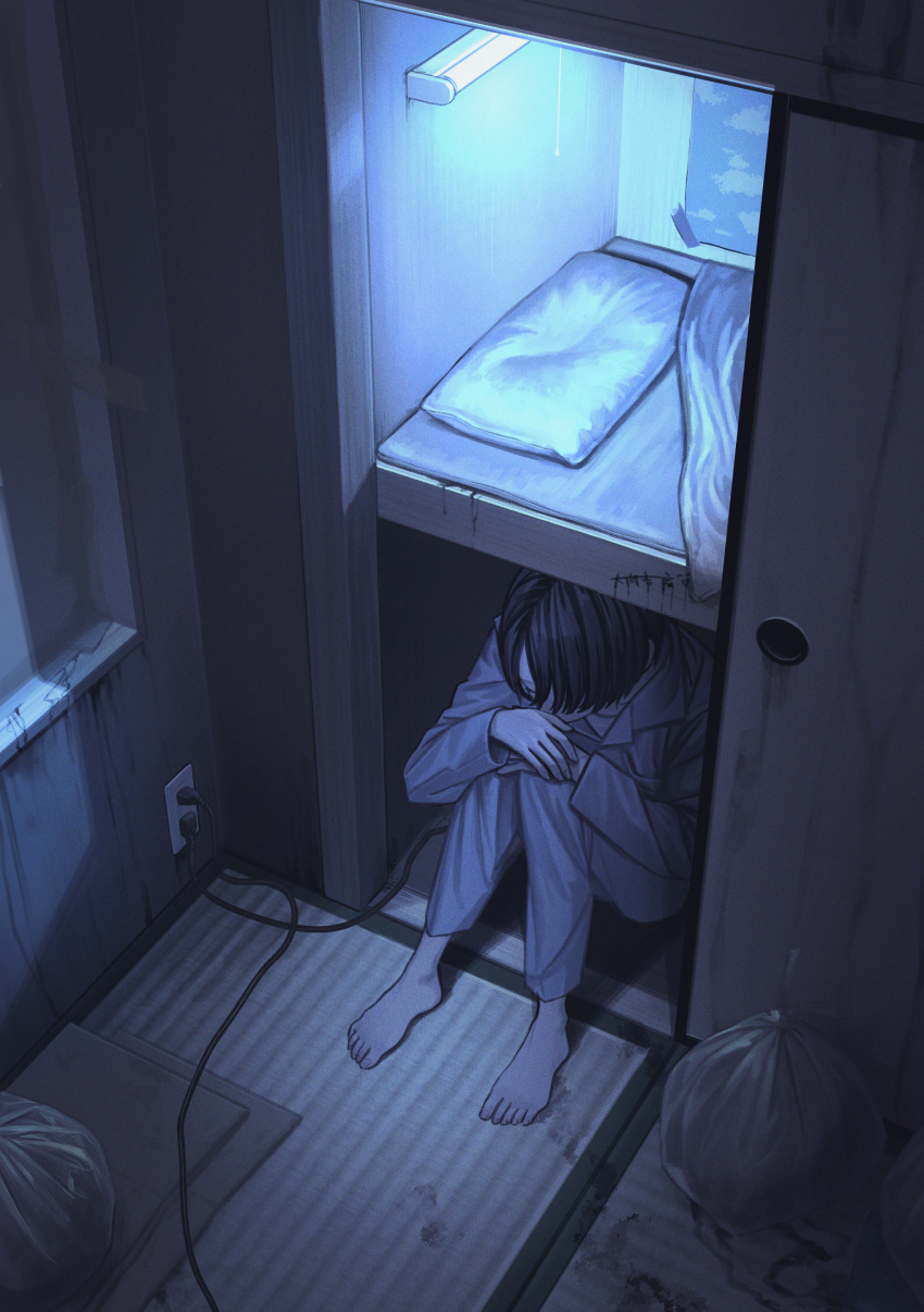 1boy, absurdres, barefoot, black_hair, blanket, blue_pajamas, cardboard, closed_eyes