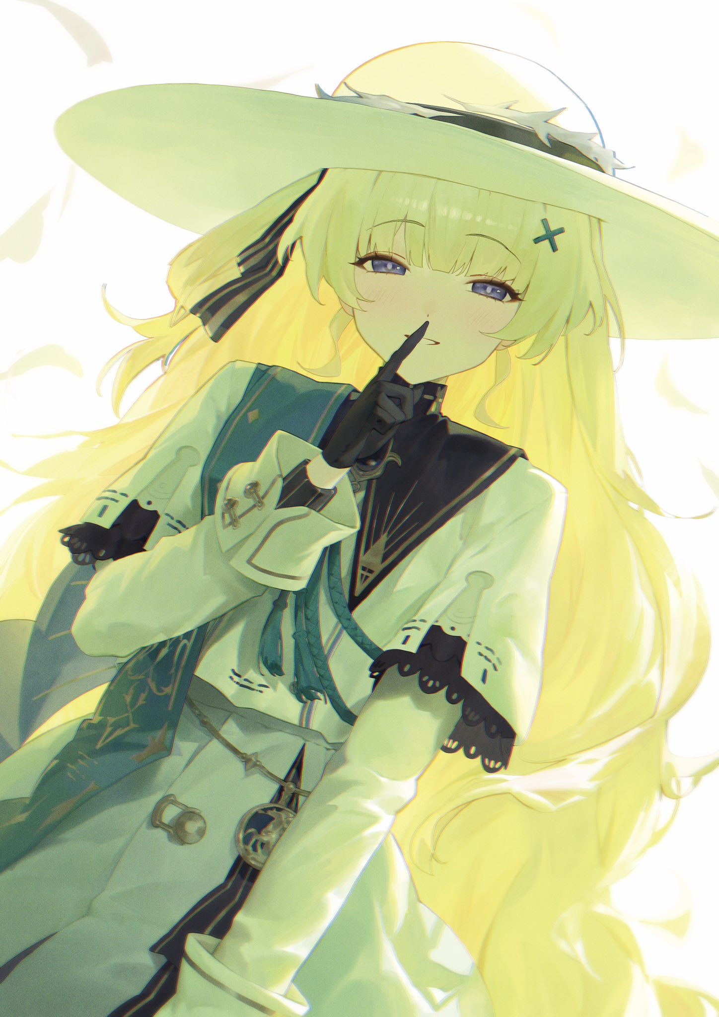 1girl, black_bow, black_collar, black_gloves, blonde_hair, blue_eyes, blue_sash, bow