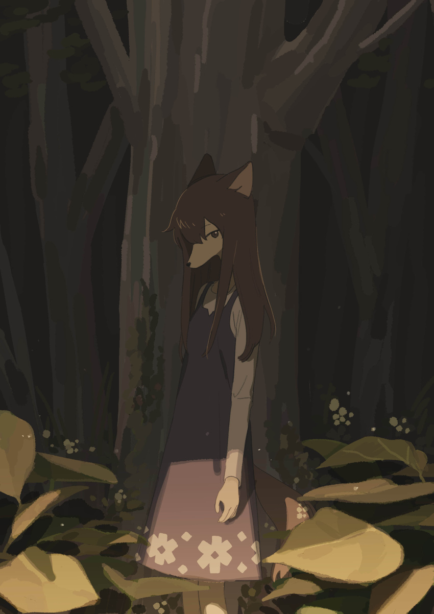 1girl, absurdres, animal_ears, arms_at_sides, brown_hair, dress, floral_print, forest