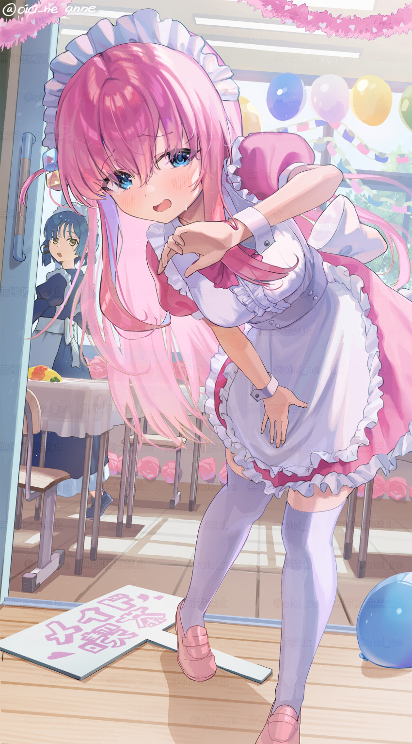 2girls, absurdres, alternate_costume, apron, blue_eyes, blue_hair, blush, bocchi_the_rock!
