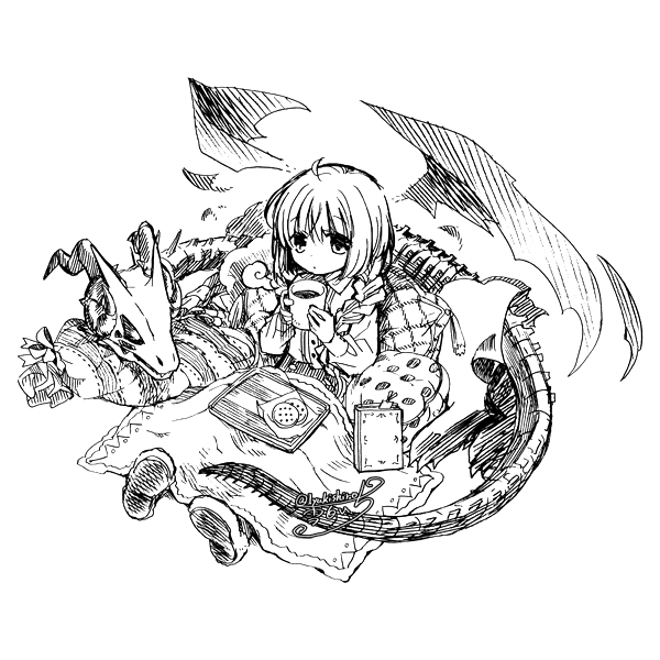 1girl, blanket, commentary_request, cup, cushion, dragon, full_body, greyscale, holding, holding_cup, hone_dragon_no_mana_musume, monochrome, short_hair, sitting, sketch, yukishiro_ichi