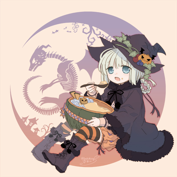 1girl, animal_skeleton, blue_eyes, boots, cloak, crescent, eating, full_body