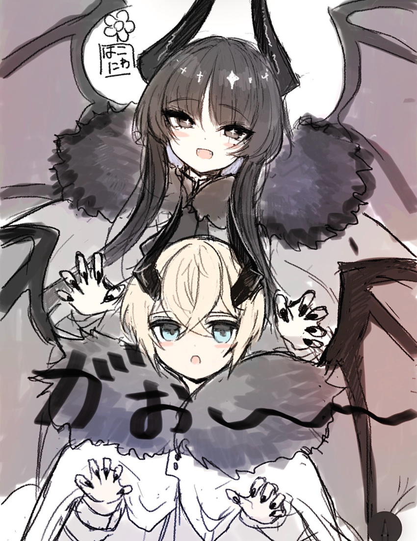 +_+, 1boy, 1girl, :d, :o, arknights, black_hair, black_nails