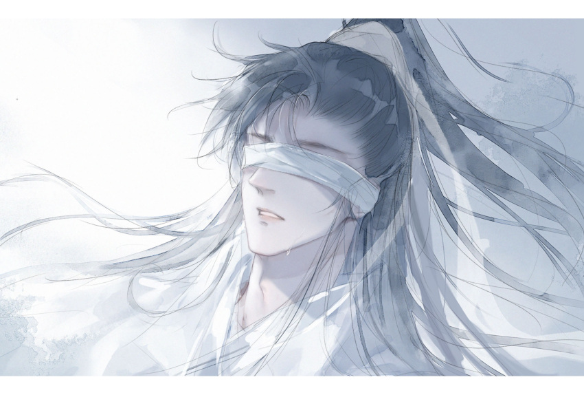 1boy, asymmetrical_bangs, black_hair, chinese_clothes, facing_ahead, floating_hair, hair_tie, hanfu, high_ponytail, highres, jinguang_budaixi, letterboxed, long_hair, male_focus, parted_bangs, parted_lips, ponytail, portrait, shi_yanwen, sidelighting, solo, sweatdrop, teeth, three_quarter_view, white_background, white_hanfu, ye-chuyang