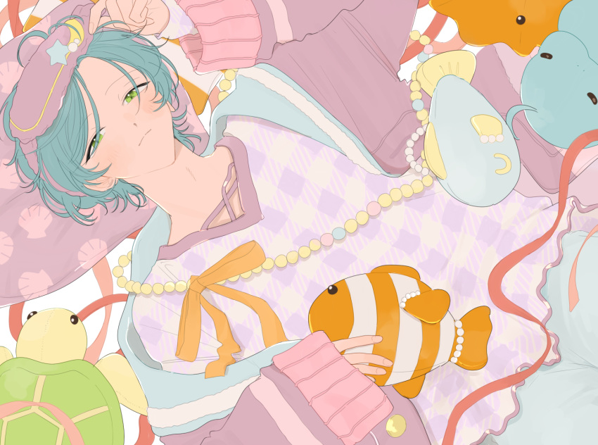 1boy, aqua_hair, beads, ensemble_stars!, eye_mask, fish, green_eyes, hair_between_eyes