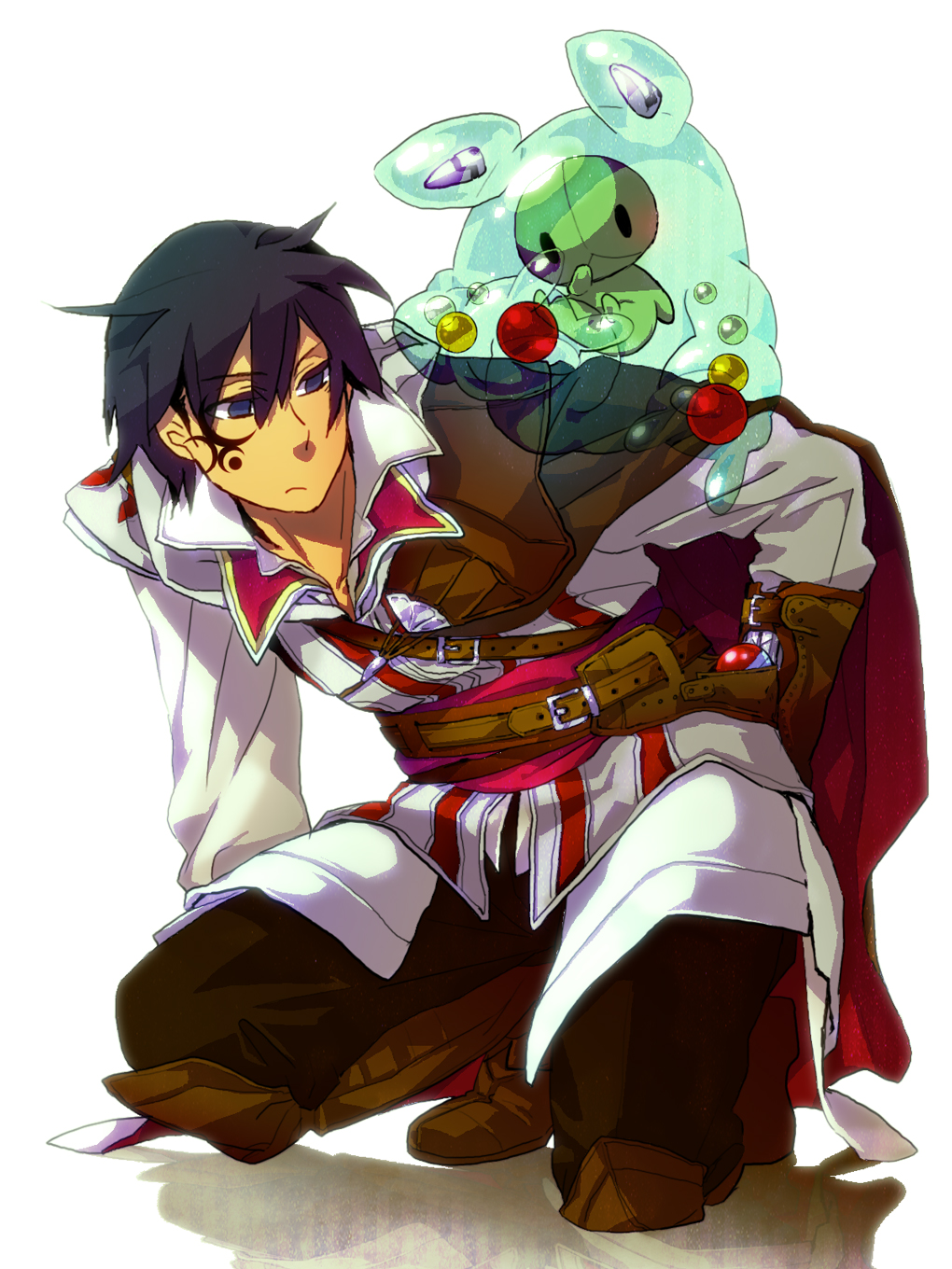 1boy, assassin's_creed, assassin's_creed_ii, black_hair, cape, cosplay, crossover, darker_than_black, ezio_auditore_da_firenze, ezio_auditore_da_firenze_(cosplay), fusion, hei, highres, male, poke_ball, pokemon, pokemon_(creature), pokemon_(game), pokemon_black_and_white, pokemon_bw, reirou_(re16ko89), reuniclus, vambraces