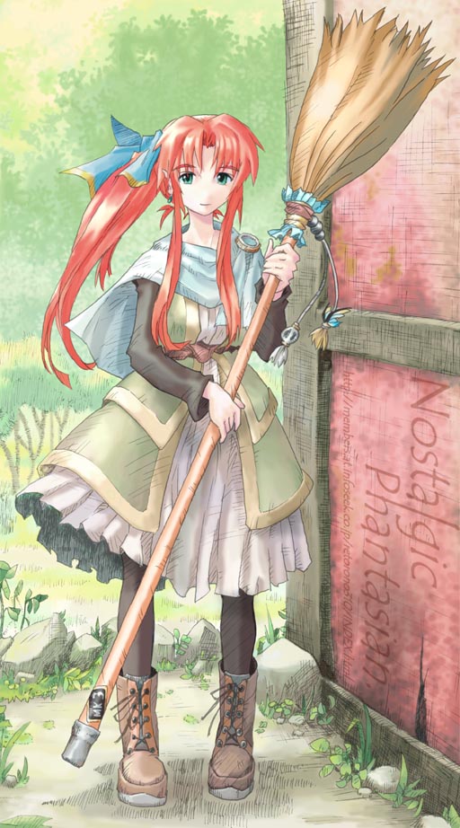 1girl, arche_klein, black_pantyhose, blue_bow, blue_capelet, boots, bow, broom, brown_boots, capelet, closed_mouth, dress, full_body, green_dress, green_eyes, hair_bow, hands_up, high_ponytail, holding, holding_broom, inagaki_yoshiaki, layered_dress, long_dress, long_sleeves, outdoors, pantyhose, parted_bangs, ponytail, prototype_design, red_hair, shadow, sidelocks, smile, solo, standing, tales_of_(series), tales_of_phantasia