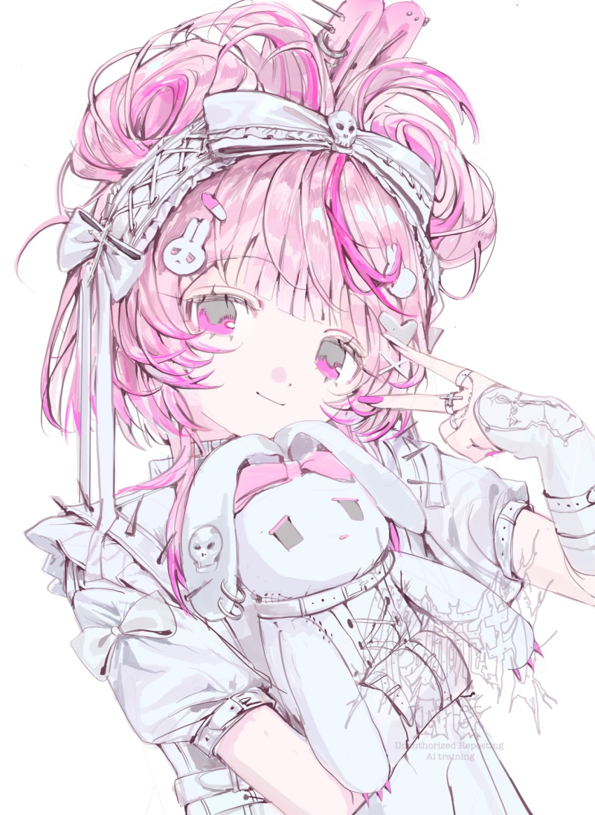 1girl, animal_ear_piercing, animal_ears, arm_warmers, bow_hairband, cinnamiku_hairstyle, claws, closed_mouth