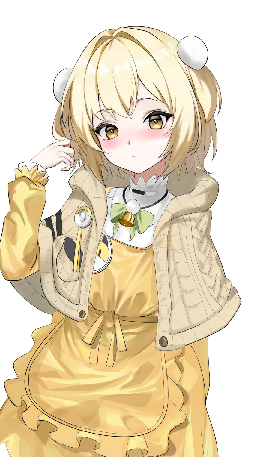 1girl, absurdres, blonde_hair, closed_mouth, dress, flower, frills, goddess_of_victory:_nikke, hair_ornament, highres, kopepan_(kopepann11), liter_(cute_sunflower)_(nikke), liter_(nikke), long_sleeves, looking_at_viewer, pom_pom_(clothes), pom_pom_hair_ornament, short_hair, smile, yellow_dress, yellow_eyes