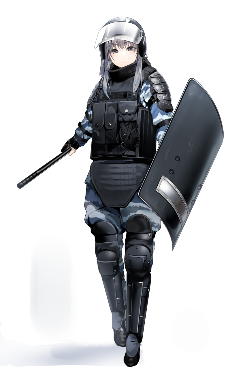 1girl, ammunition_pouch, ballistic_shield, baton_(weapon), black_boots, black_helmet, boots, camouflage