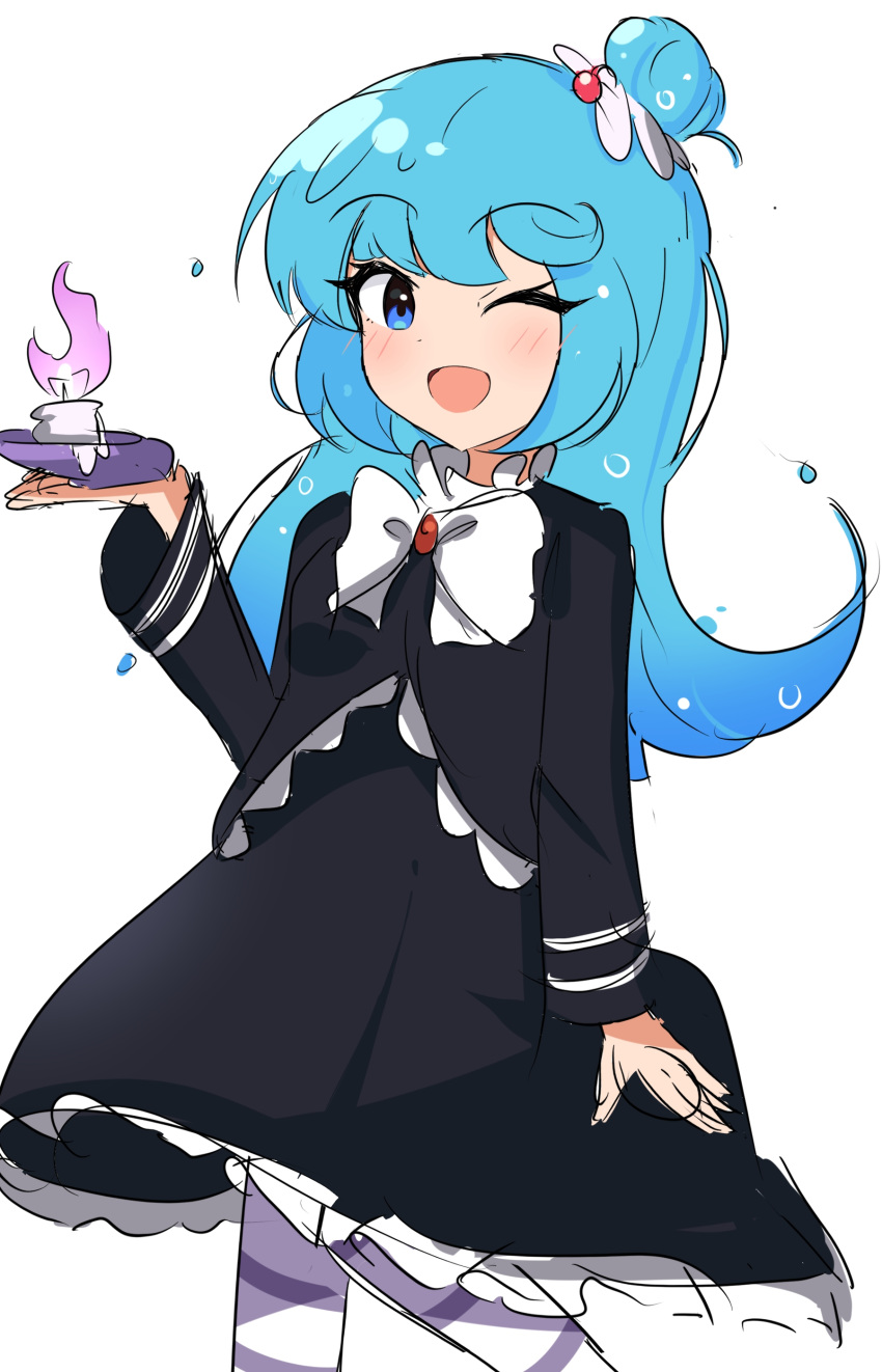 1girl, absurdres, alternate_costume, blackberry_cookie, blackberry_cookie_(cosplay), blue_hair, candy36544, cookie_run, cookie_run:_tower_of_adventures, cosplay, cream_soda_cookie, dress, highres, long_hair, looking_at_viewer, one_eye_closed, open_mouth, simple_background, smile, solo, very_long_hair, white_background