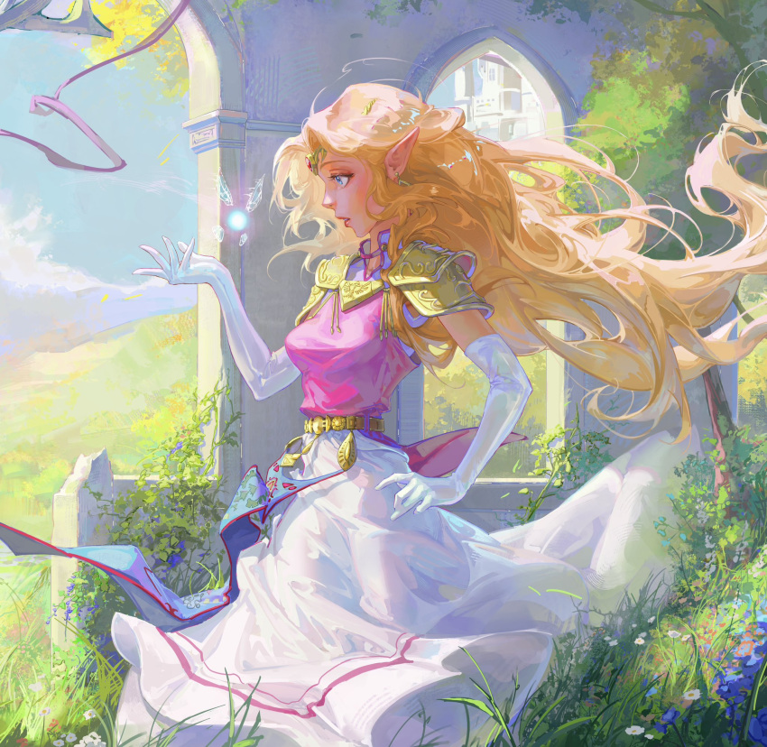 1girl, arch, armor, balo_badartist, belt, blonde_hair, blue_eyes, blue_sky