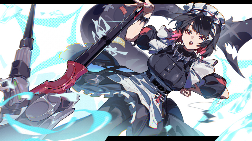 1girl, black_hair, blunt_bangs, breasts, candy, chromatic_aberration, colored_inner_hair, ellen_joe