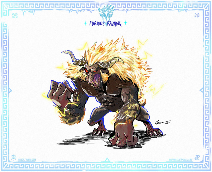border, character_name, clenched_hands, dated, demon_horns, eliz0r, email_address, furious_rajang, highres, horns, monster, monster_hunter:_world, monster_hunter_(series), monster_hunter_world:_iceborne, open_mouth, red_eyes, signature, simple_background, sparks, teeth, tumblr_username