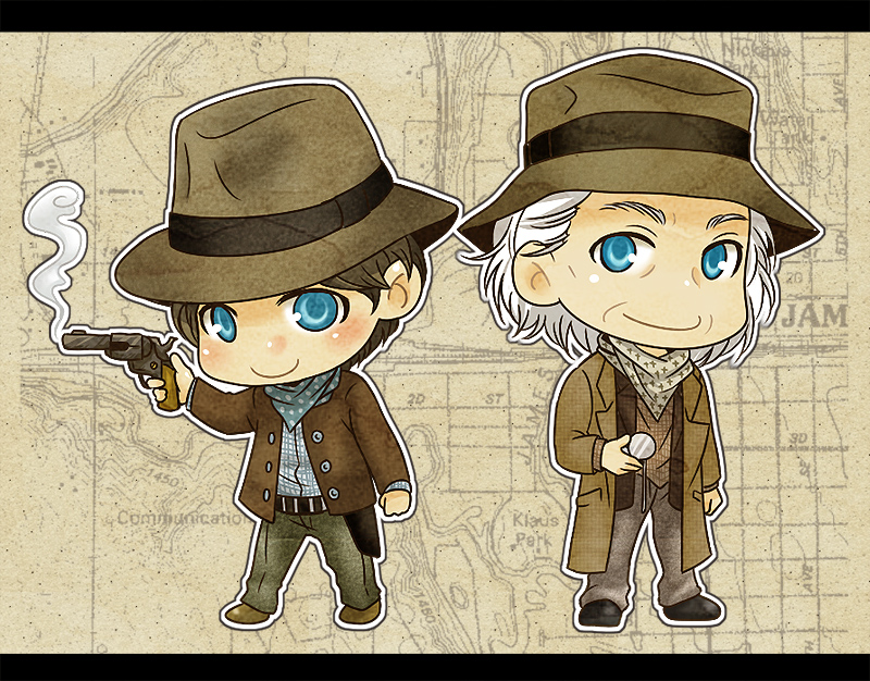 back_to_the_future, blue_eyes, brown_hair, chibi, doc_brown, emmett_brown, gun, hat, male, marty_mcfly, mayu_(airmods), multiple_boys, pixiv, smile, weapon, white_hair