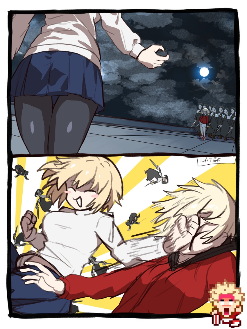 1boy, 6+girls, arcueid_brunestud, blonde_hair, blue_skirt, blush_stickers, breasts, clenched_hand