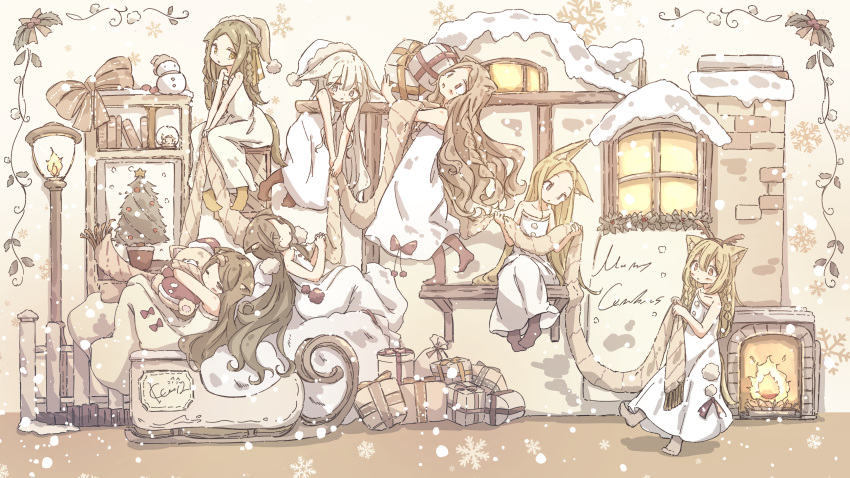 6+girls, absurdres, animal_ears, blonde_hair, bookshelf, braid, brown_hair, cat_ears