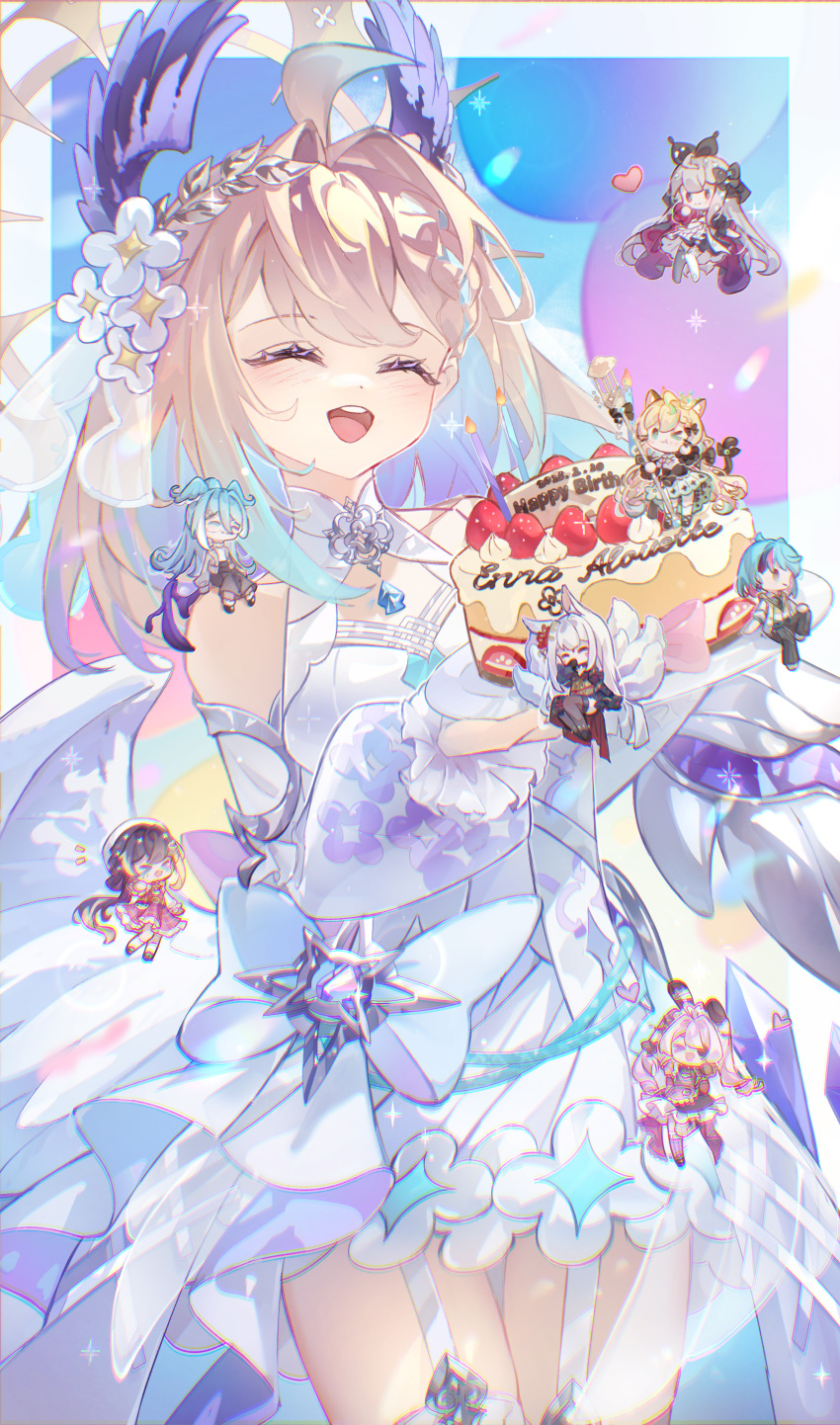 1boy, 6+girls, absurdres, ahoge, balloon, birthday_cake, black_hair, blonde_hair, blue_hair, braid, cake, character_name, chibi, chinese_commentary, chromatic_aberration, closed_eyes, colored_inner_hair, confetti, dated, detached_sleeves, dress, dzrzpuna2tcxcu3, elira_pendora, elira_pendora_(3rd_costume), enna_alouette, enna_alouette_(2nd_costume), ethyria, food, fork, garter_straps, grey_hair, hair_intakes, halo, happy_birthday, head_wings, head_wreath, heart, highres, holding, holding_cake, holding_food, holding_fork, kyo_kaneko, long_hair, low_wings, maria_marionette, maria_marionette_(2nd_costume), medium_hair, millie_parfait, millie_parfait_(2nd_costume), multicolored_hair, multiple_girls, nijisanji, nijisanji_en, nina_kosaka, nina_kosaka_(2nd_costume), open_mouth, petra_gurin, petra_gurin_(3rd_costume), pink_hair, reimu_endou, reimu_endou_(2nd_costume), smile, strawberry_cake, streaked_hair, thighs, veil, virtual_youtuber, white_dress, white_hair, wings, zuttomo_(nijisanji)