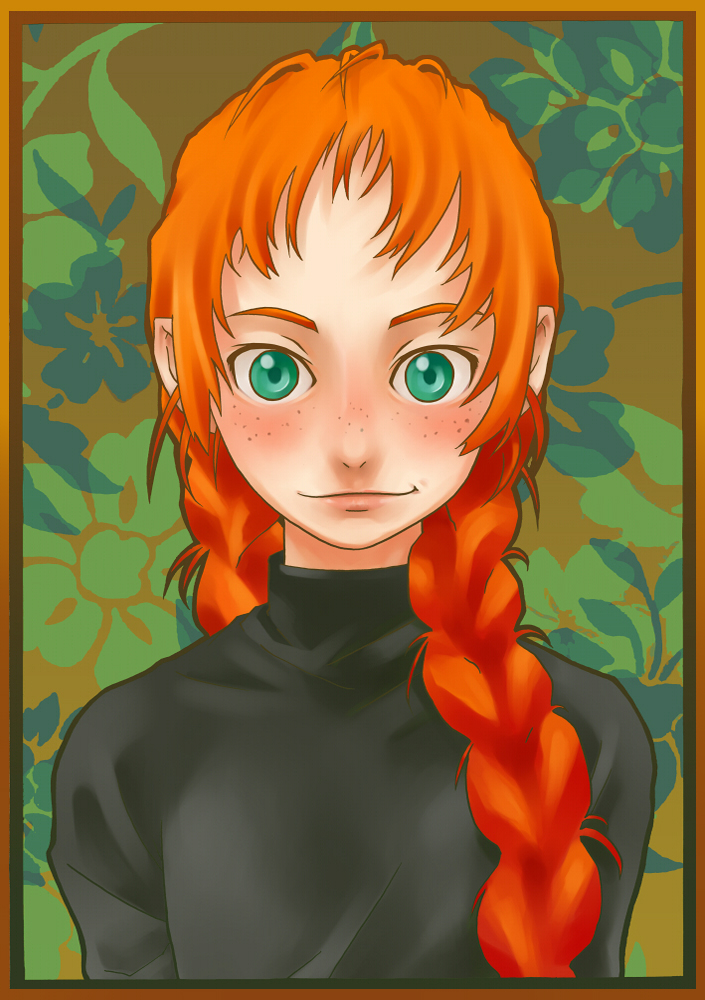 anne_of_green_gables, anne_shirley, blush, braid, bust, face, freckles, green_eyes