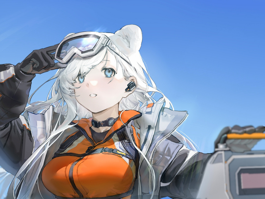1girl, adjusting_eyewear, animal_ears, arknights, arm_up, aurora_(arknights), aurora_(polar_catcher)_(arknights), bear_ears