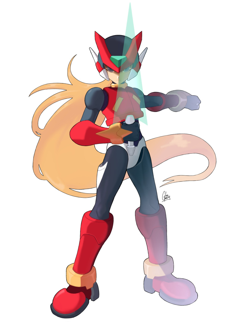 1boy, absurdres, armor, black_eyes, blonde_hair, energy_sword, forehead_jewel, full_body