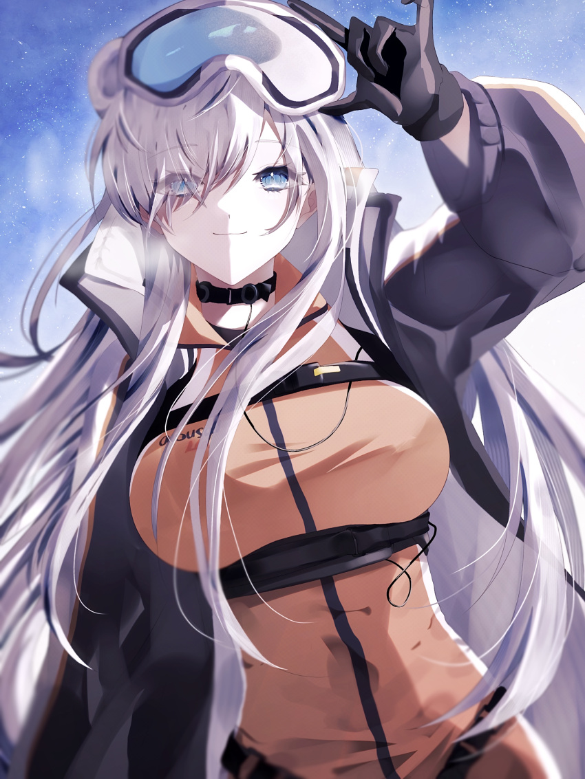 1girl, absurdres, adjusting_eyewear, animal_ears, arknights, arm_up, aurora_(arknights), aurora_(polar_catcher)_(arknights)