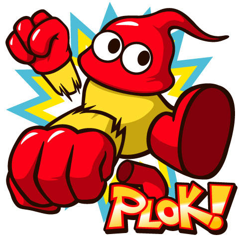 1boy, clenched_hands, colored_skin, commentary_request, copyright_name, full_body, gloves, looking_up, lowres, motion_blur, plok_(character), plok_(game), rayman_limbs, red_gloves, red_hood, red_shoes, shoes, simple_background, solo, toriaka, white_background, yellow_skin
