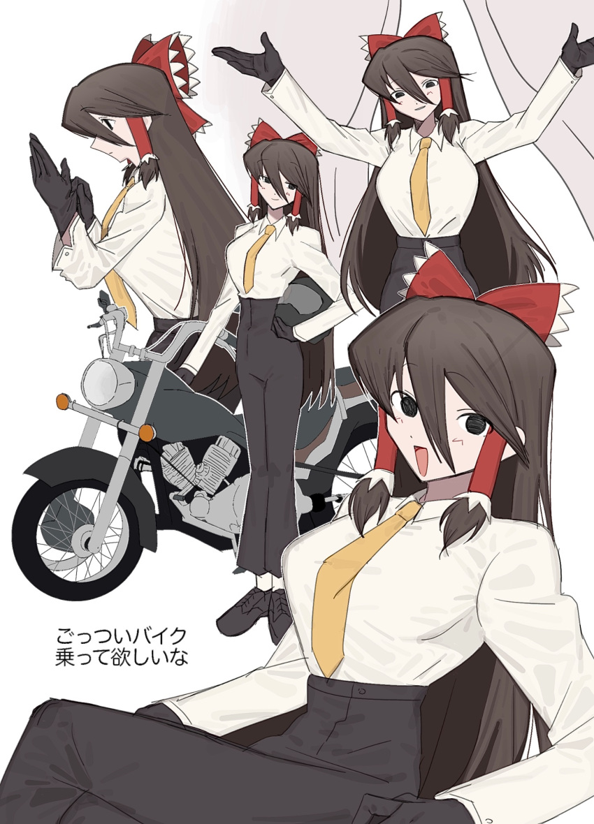 1girl, adjusting_clothes, adjusting_gloves, arms_up, black_gloves, black_hair, black_pants, black_shoes