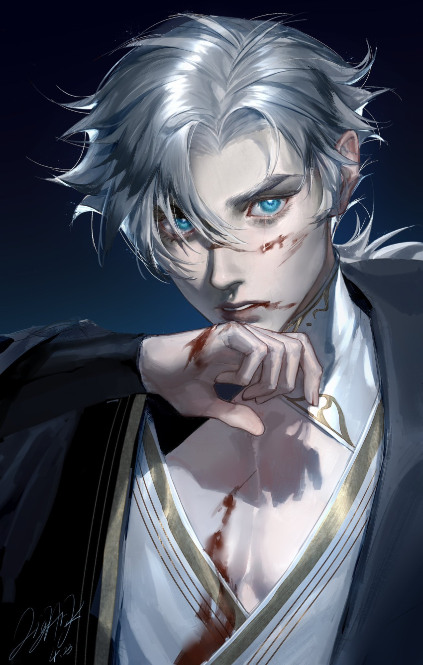 1boy, bishounen, black_background, black_jacket, blood, blood_on_face, blood_on_hands, blue_eyes