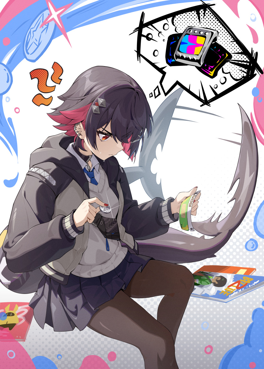 1girl, absurdres, black_bag, black_hair, choker, collared_shirt, colored_inner_hair, ear_cuffs, ellen_joe, feet_out_of_frame, fins, fish_tail, guli_(guli0572), halftone, halftone_background, highres, holding, jacket, looking_at_object, magazine_(object), multicolored_hair, necktie, open_clothes, open_jacket, pantyhose, pleated_skirt, red_eyes, red_hair, red_nails, shark_girl, shark_tail, shirt, short_hair, simple_background, sitting, skirt, solo, spoken_object, squiggle, sweat, sweatdrop, sweater_vest, tail, zenless_zone_zero