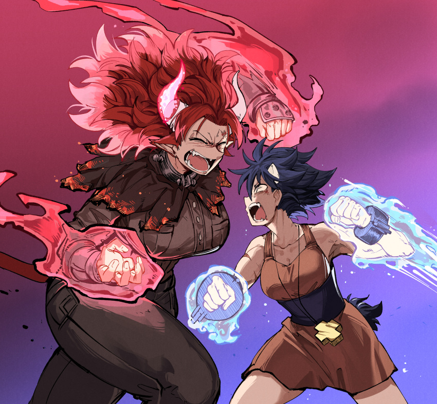 2girls, absurdres, angry, animal_ears, antares_topaz, aura, bare_arms, bare_shoulders