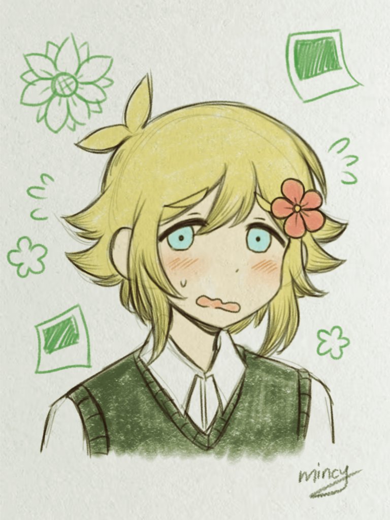 1boy, antenna_hair, basil_(faraway)_(omori), basil_(omori), blue_eyes, blush, collared_shirt, donuqx