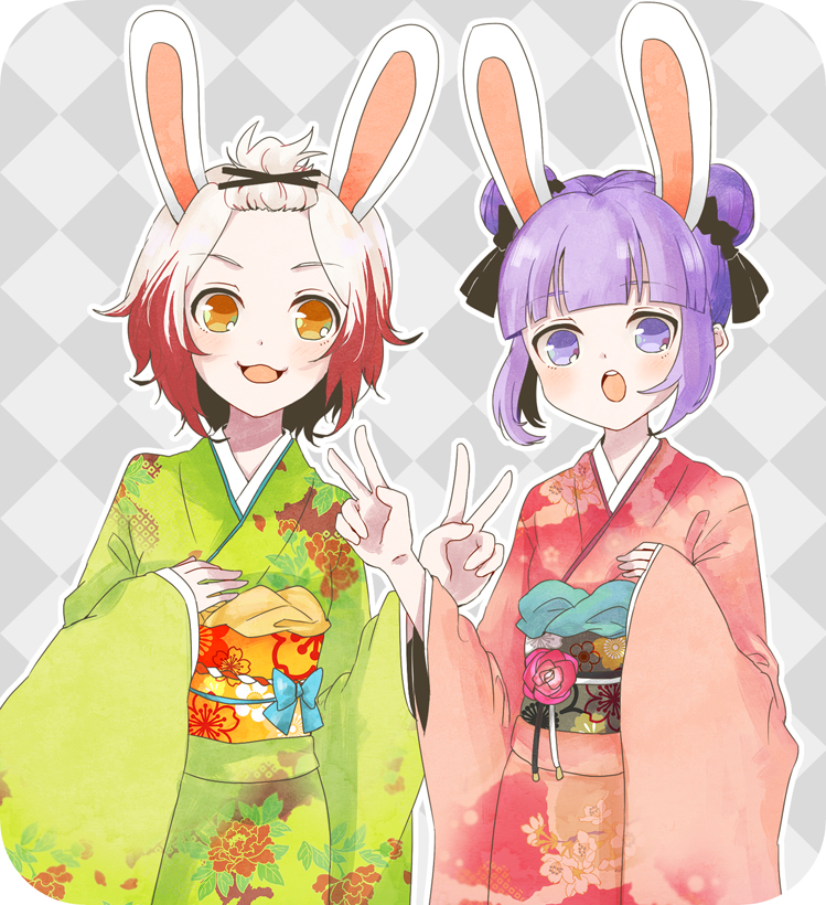 animal_ears, argyle, argyle_background, brown_eyes, bunny_ears, double_bun, forehead, grey_background