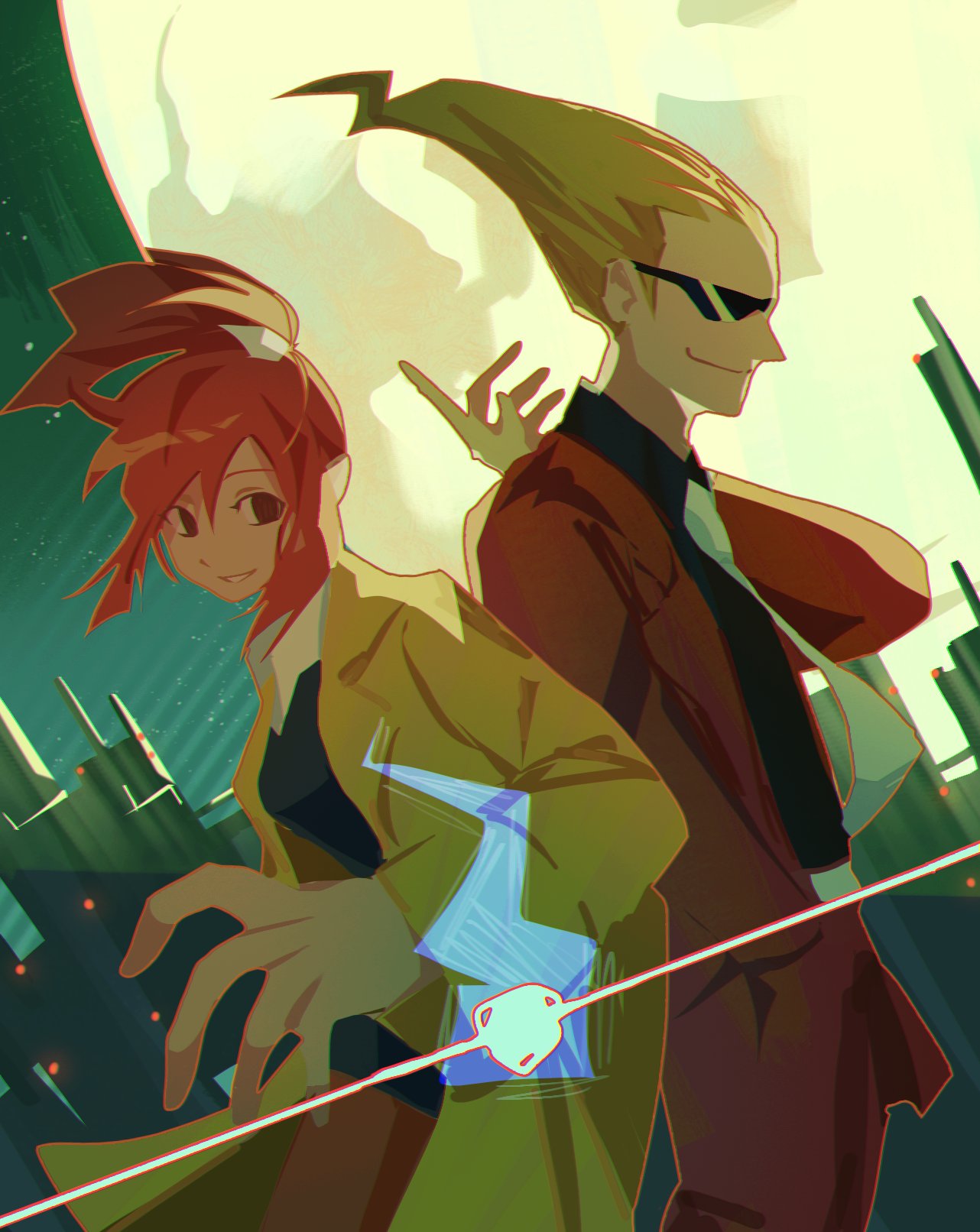 1boy, 1girl, ahoge, black_shirt, blonde_hair, building, coat, ghost_trick