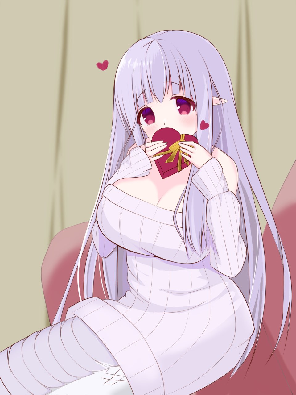 1girl, blush, box, breasts, couch, covering_own_mouth, heart, heart-shaped_box