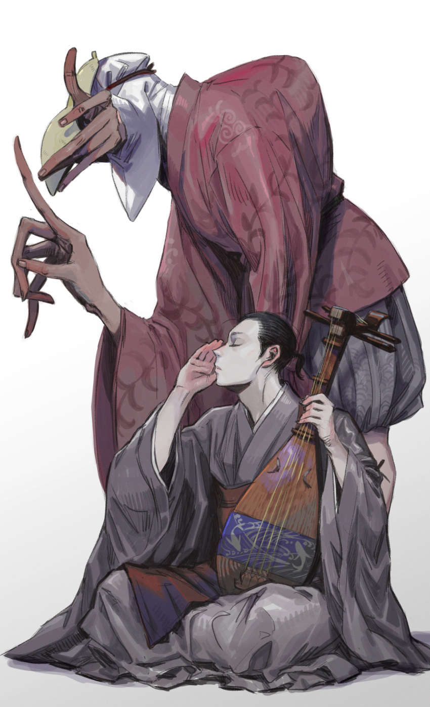 2boys, absurdres, behind_another, biwa_lute, black_hair, closed_eyes, closed_mouth, covered_face, cupping_ears, egyuuu, from_side, full_body, grey_kimono, hand_up, highres, holding, holding_instrument, hunchback, index_finger_raised, indian_style, instrument, inu-oh, inu-oh_(inu-oh), jacket, japanese_clothes, kimono, large_hands, long_fingers, long_sleeves, lute_(instrument), male_focus, mask, mask_lift, monster_boy, multiple_boys, pale_skin, ponytail, profile, puffy_pants, red_jacket, short_hair, short_ponytail, simple_background, sitting, standing, tomona_(inu-oh), wide_sleeves