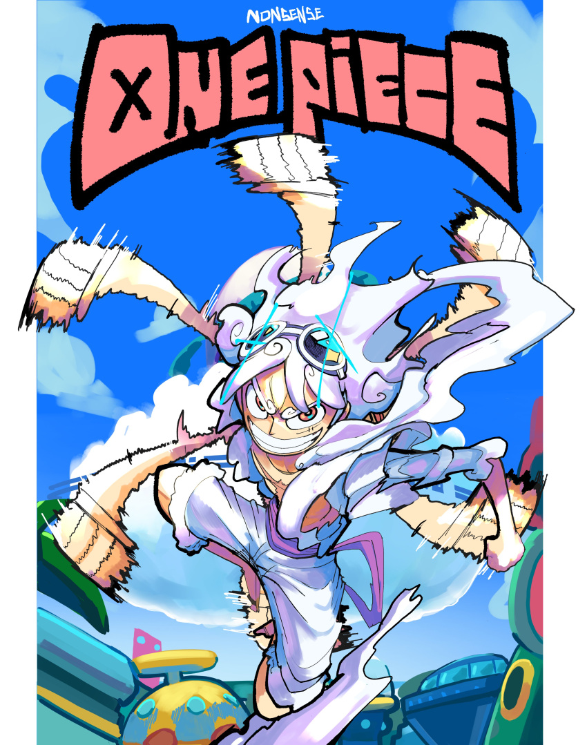 1boy, absurdres, blue_sky, commentary, copyright_name, full_body, gear_fifth, glint