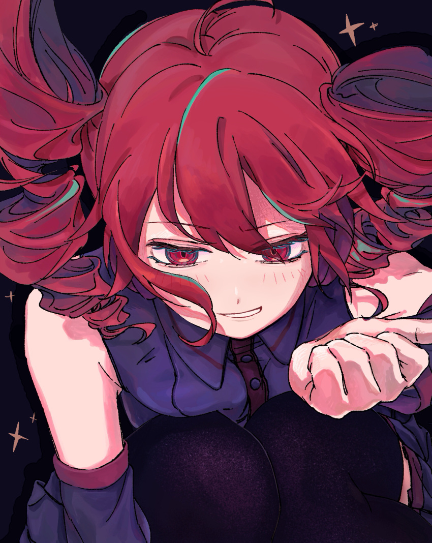 1girl, ahoge, bare_shoulders, black_background, black_thighhighs, buttons, clenched_hand, commentary_request