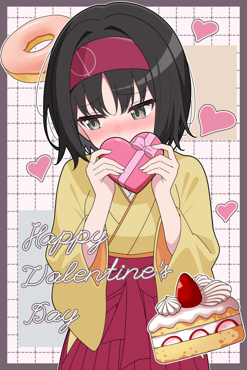 1girl, absurdres, black_hair, blush, border, box, cake, cake_slice, commentary_request, doughnut, erika_(pokemon), food, fruit, gift, grid_background, hairband, hakama, hakama_skirt, hands_up, happy_valentine, heart, heart-shaped_box, highres, holding, holding_gift, japanese_clothes, kimono, looking_down, medium_hair, odorukaminoke, outside_border, pokemon, pokemon_frlg, raised_eyebrows, shy, skirt, solo, strawberry, valentine, yellow_kimono