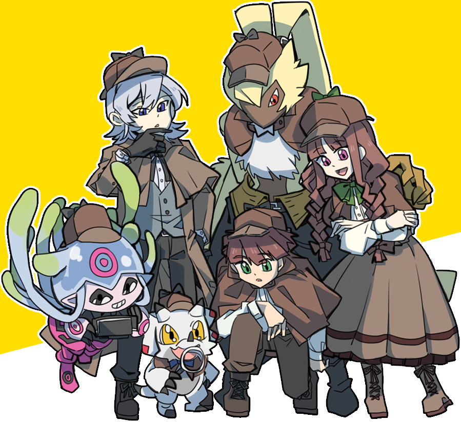 1girl, 2boys, amanokawa_hiro, angoramon, bandaged_arm, bandages, blue_eyes, detective