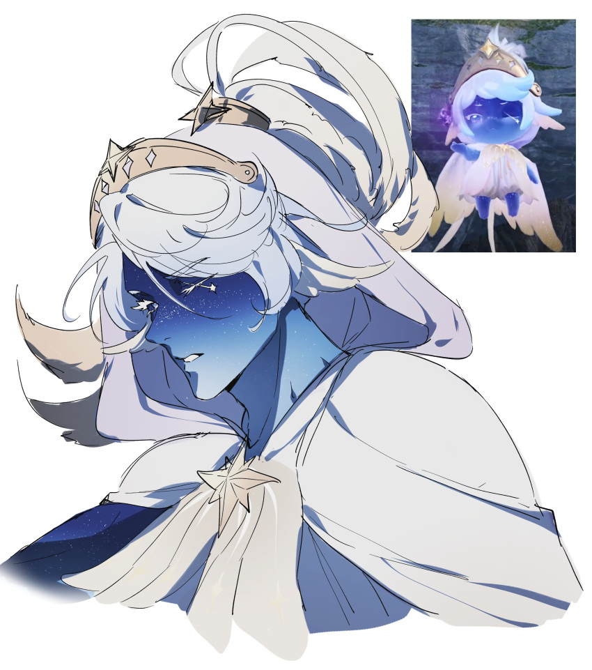 1boy, absurdres, avicinda_(infinity_nikki), blue_sclera, blue_skin, bow, bowtie, brooch