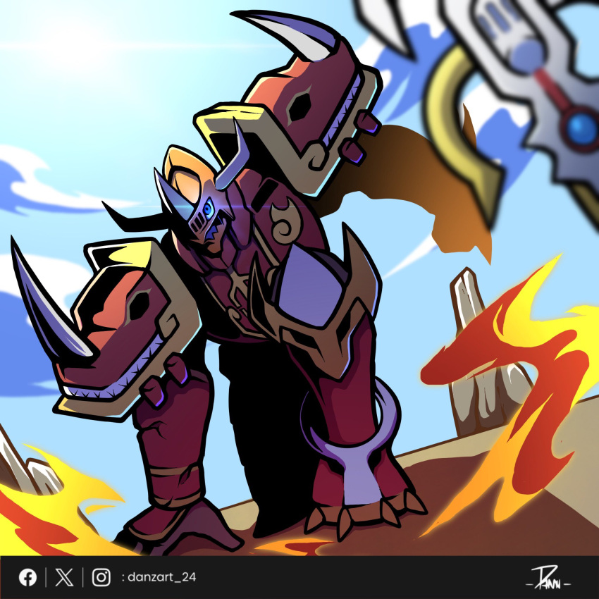 armor, blue_eyes, danzart_24, digimon, digimon_(creature), fire, helmet, highres