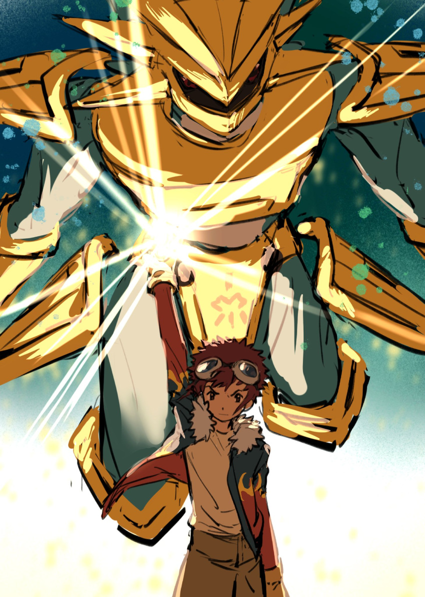 arm_up, armor, blue_jacket, blue_skin, brown_eyes, brown_hair, colored_skin, cowboy_shot
