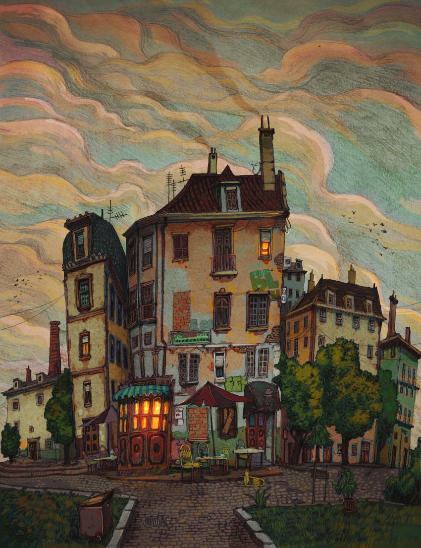 awning, balcony, bird, chair, clouds, cloudy_sky, francisco_fonseca, graffiti