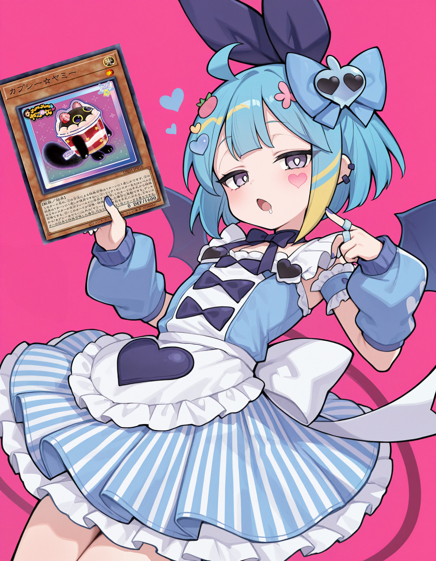 1girl, black_wings, blue_dress, blue_hair, card, cowboy_shot, cupsie_yummy, demon_girl