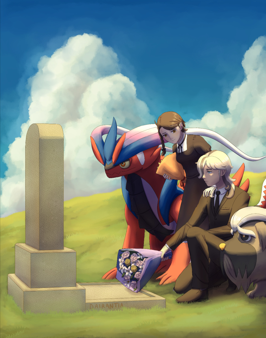 1boy, 1girl, ahoge, arven_(pokemon), aurantia_ignis, black_dress, black_necktie, blue_eyes