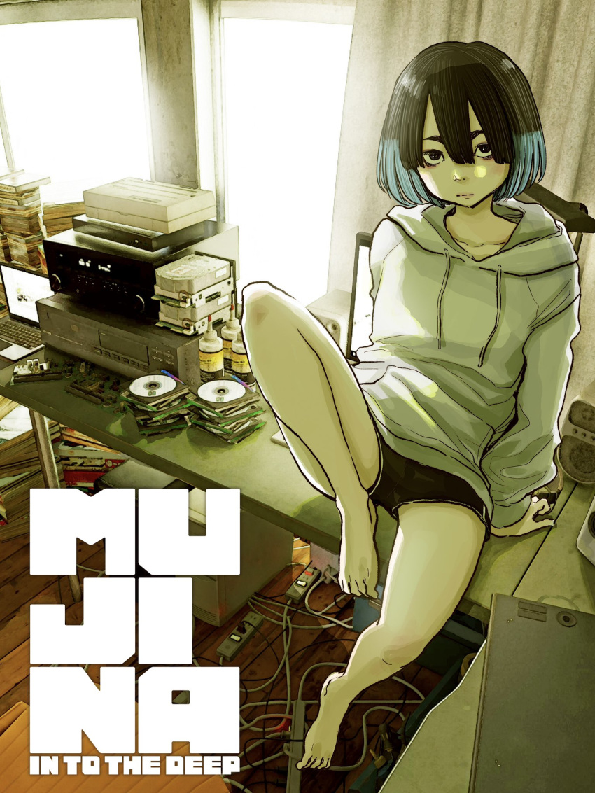 1girl, asano_inio, black_hair, blue_hair, cable, cd_case, choppy_bangs, collarbone, commentary, computer, copyright_name, grey_hoodie, highres, hood, hoodie, laptop, looking_at_viewer, medium_hair, mujina_into_the_deep, multicolored_hair, short_shorts, shorts, sitting, sitting_on_table, speaker, two-tone_hair, ubume_(mujina_into_the_deep), window