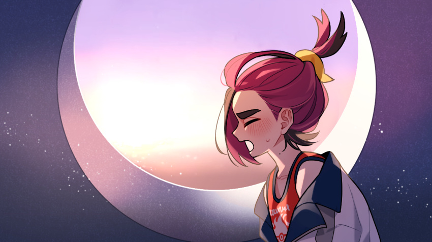 1boy, blush, closed_eyes, collarbone, commentary_request, from_side, hayochi, jacket, kieran_(pokemon), male_focus, mole, mole_on_neck, multicolored_hair, off_shoulder, open_mouth, pokemon, pokemon_sv, purple_hair, red_shirt, shirt, sleeveless, sleeveless_shirt, solo, sweatdrop, two-tone_hair, upper_body