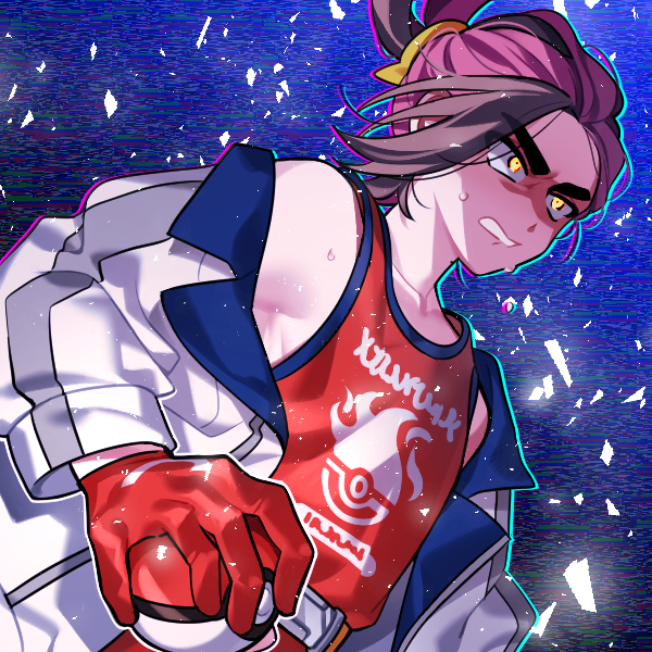 1boy, blue_background, clenched_teeth, commentary_request, gloves, hayochi, holding, holding_poke_ball